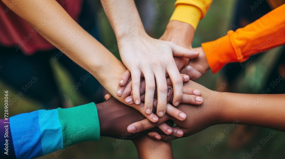 group of kids of different ethnicities placing their hands on top of each other, teamwork in a park group of kids of different ethnicities placing their hands on top of each other, teamwork in a park
