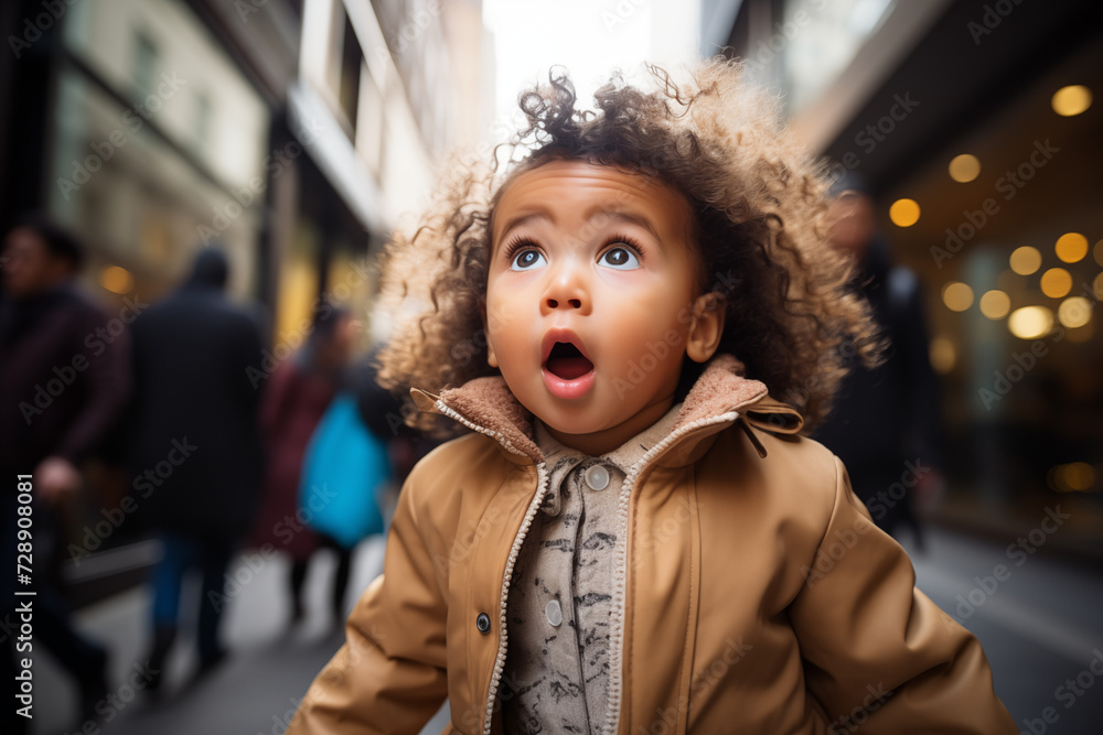 Wide-Eyed Female Toddler in a Brown Jacket Looking Upward with Awe and Surprise on a Busy Urban Street Wide-Eyed Female Toddler in a Brown Jacket Looking Upward with Awe and Surprise on a Busy Urban Street