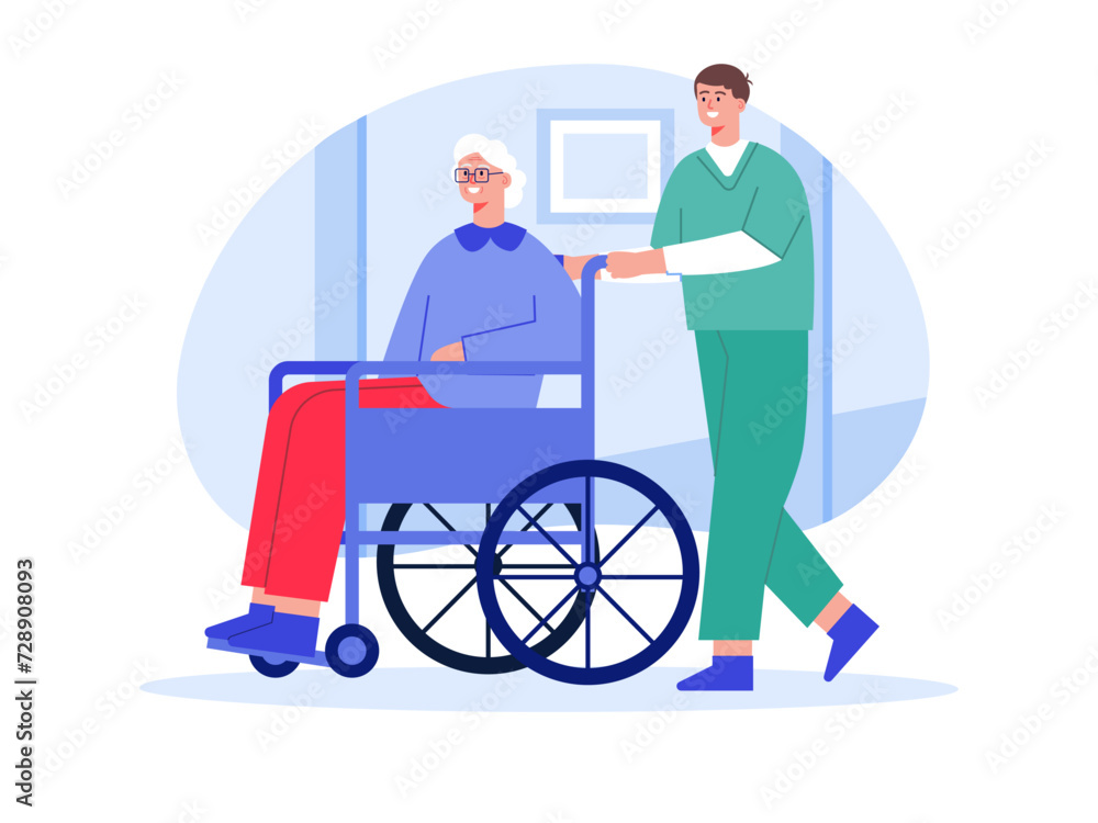 Male nurse pushing wheelchair of aged woman. Nursing home vector illustration. Male nurse pushing wheelchair of aged woman. Nursing home vector illustration.