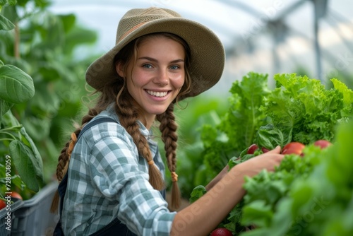 Woman farmer, female portrait. Background with selective focus and copy space
