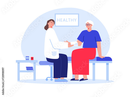 Female doctor doing treatment of aged woman. Nursing home vector illustration. © roundsquid