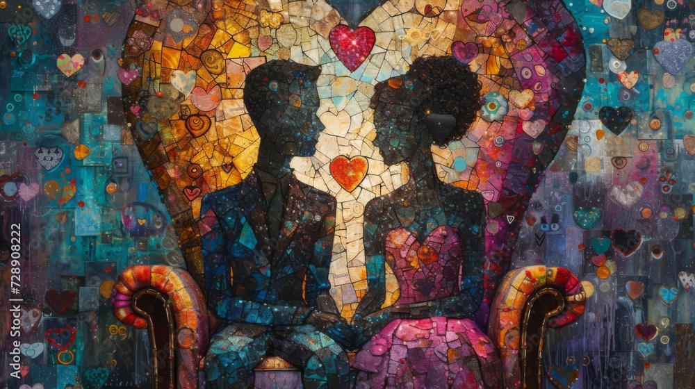 Stained glass, silhouettes of lovers, a moment of love and happiness. The background is full of heart shapes.