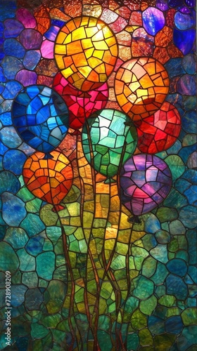Stained glass window background with colorful balloons abstract. 