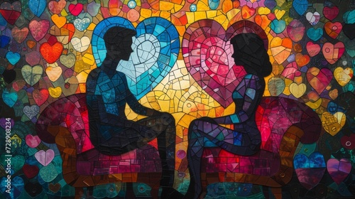 Stained glass, silhouettes of lovers, a moment of love and happiness. The background is full of heart shapes.