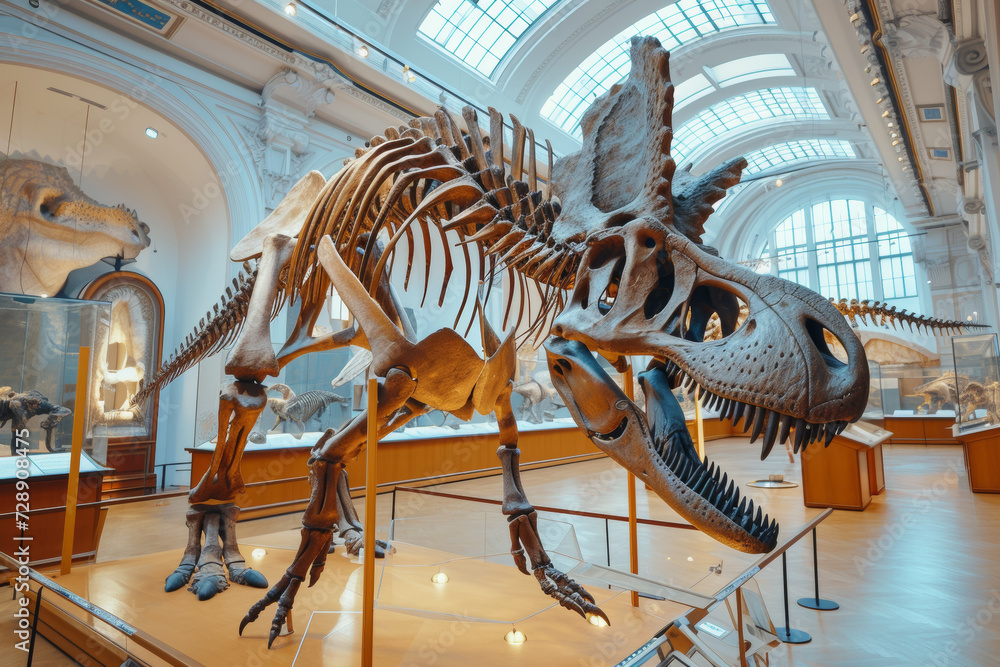 Dinosaur skeleton. Backdrop with selective focus and copy space Dinosaur skeleton. Backdrop with selective focus and copy space