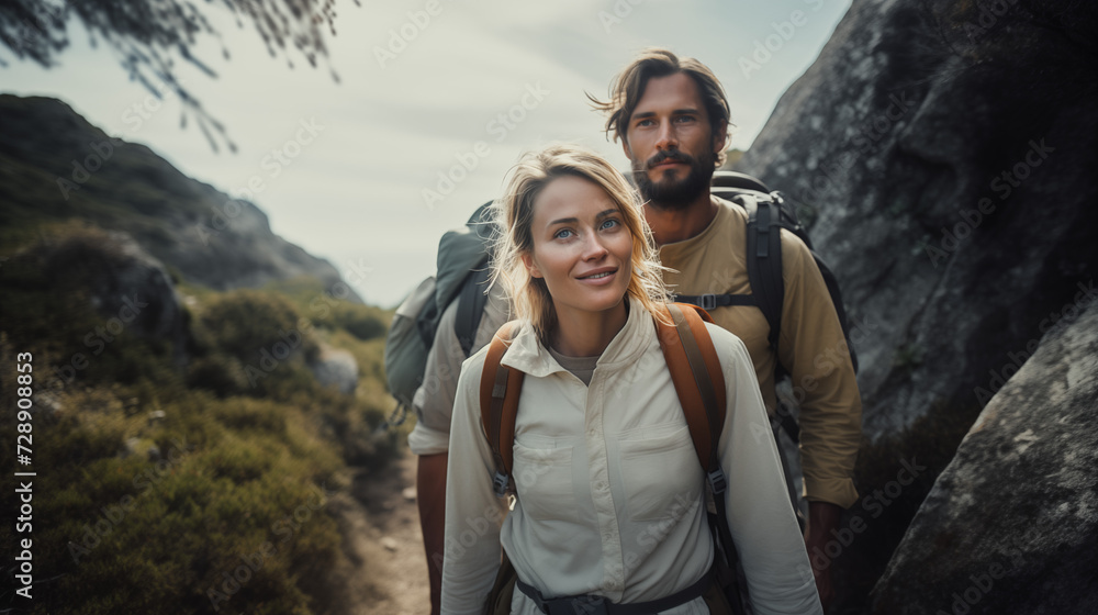 Beautiful couple of hikers looking at the camera in the wood