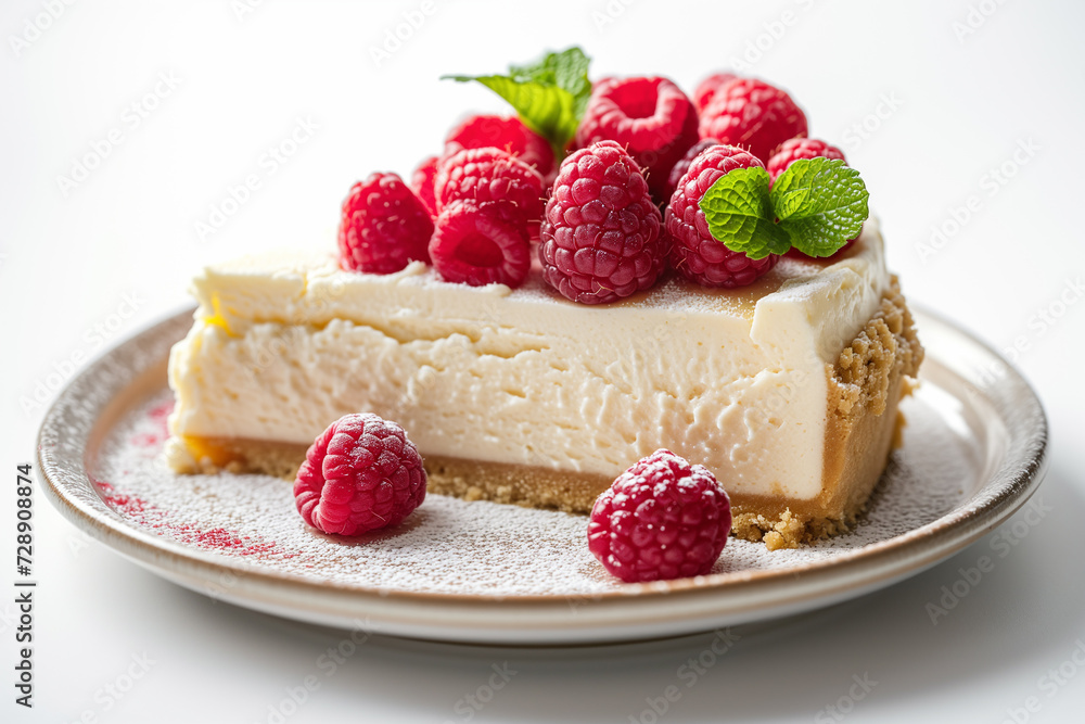 Cheesecake with fresh raspberries on plate on white background. Cheesecake with fresh raspberries on plate on white background.