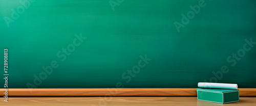 Empty green chalkboard with eraser and white chalk on the edge of the board background photo