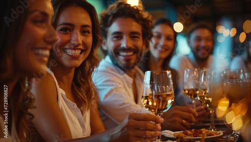 Group of smiling young friends drinking wine at restaurant pub with appetizers