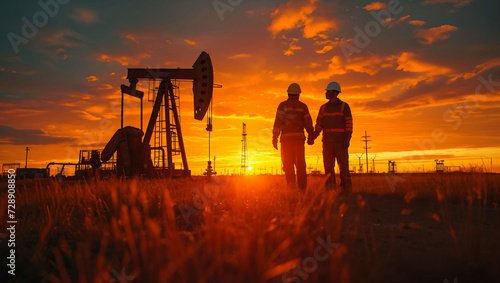 Silhouette of two engineers handshaking in front of oil pump