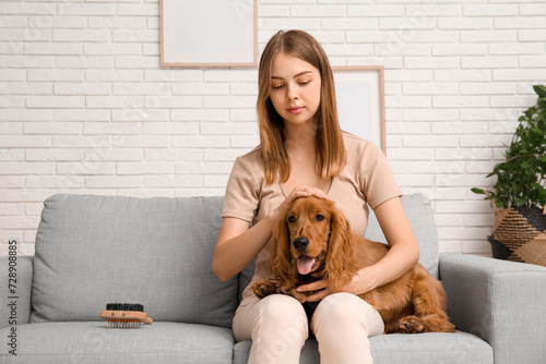 Young woman with brush and cute cocker spaniel sitting on sofa at home photo