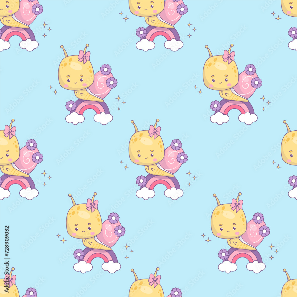 Seamless pattern with cute snail girl character. Funny kawaii insect on rainbow on blue background with clouds. Vector illustration in trendy retro style. Kids collection Seamless pattern with cute snail girl character. Funny kawaii insect on rainbow on blue background with clouds. Vector illustration in trendy retro style. Kids collection