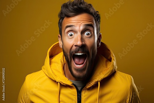 surprise man expression in yellow background with yellow hoodie, Man wow expression with copy text © SaroStock