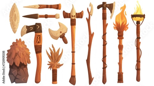 handmade illustration of a group of caveman weapons. history concept