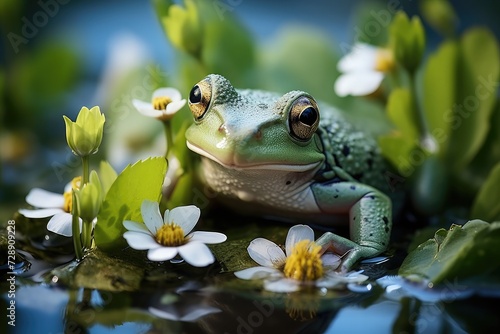 Frog perched on a lily pad in a pond, Lily flower with frog in water © SaroStock