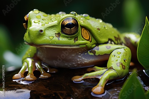 Frog gracefully resting on a vibrant green leaf  surrounded by the peaceful ambiance of a pond
