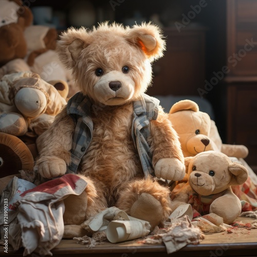 Baby bear with cozy crib with plush toys around © SaroStock