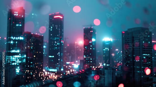  abstract business background with high rise glass buildings at night. defocus, correction of blue, pink and blue colors, futuristic style, business and finance