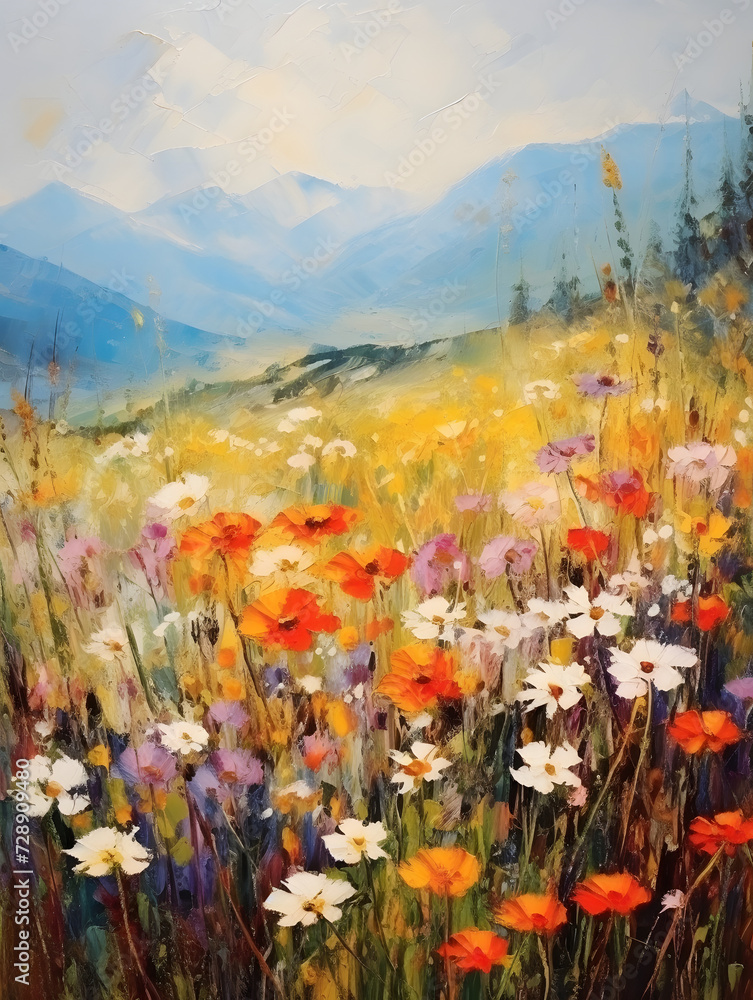 Art oil painting with meadow mountain flowers in spring