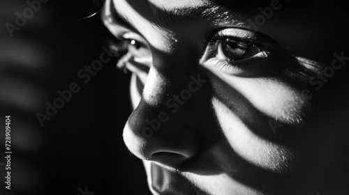 In this black and white photo the backlighting creates a dramatic contrast between light and shadow on the persons face.