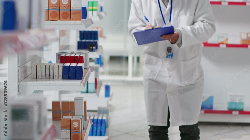 Druggist counting all pharmaceutical stock in pharmacy shop, working on inventory with checklist on clipboard. Pharmacist examining medical products on drugstore shelves. Camera 2. Druggist counting all pharmaceutical stock in pharmacy shop, working on inventory with checklist on clipboard. Pharmacist examining medical products on drugstore shelves. Camera 2.