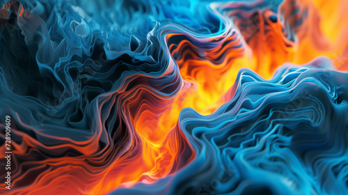 A distorted landscape of neon blues and fiery oranges revealing the hidden layers of warmth beneath the surface.