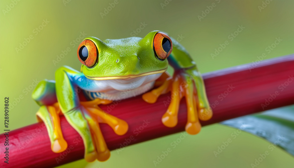 Fototapeta premium close-up image features a vibrantly colored green tree frog with striking red eyes and orange toes, perched on a red stem against a softly blurred green background