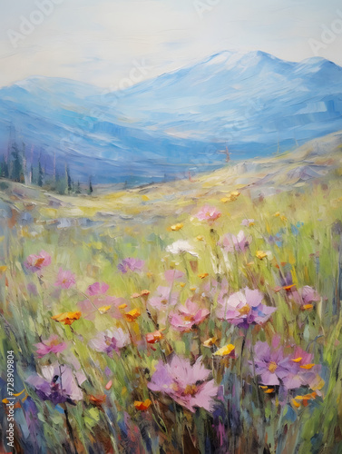 Art oil painting with meadow mountain flowers in spring © toomi123