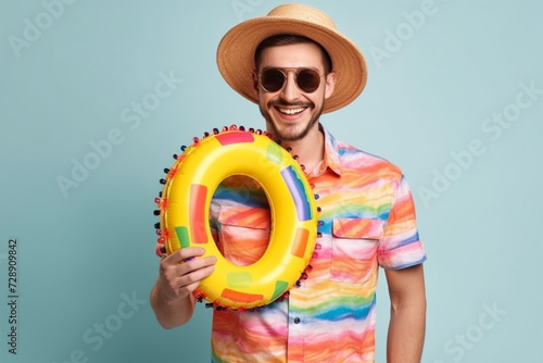 Cheerful man in a colorful shirt and straw hat holding a bright inflatable swim ring against a light blue background.tourism and travel concept
