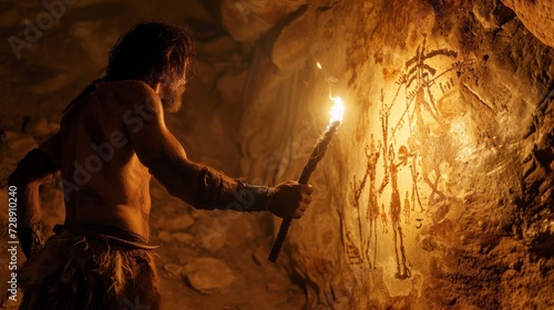 caveman with a torch inside a cave observing rock painting