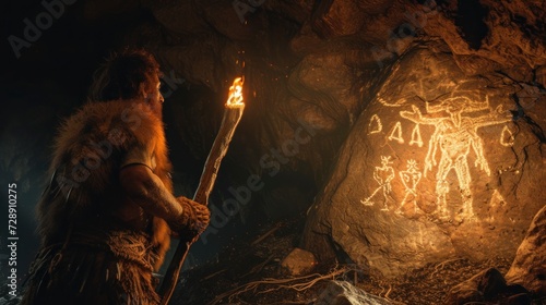 Caveman with a torch inside a cave observing cave painting handmade by his ancestors at night in high resolution and high quality. history concept