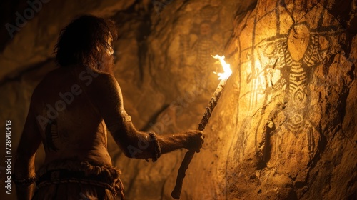 Caveman with a torch inside a cave observing cave painting handmade by his ancestors at night in high resolution and high quality. concept history of cavemen in stone, real cave painting