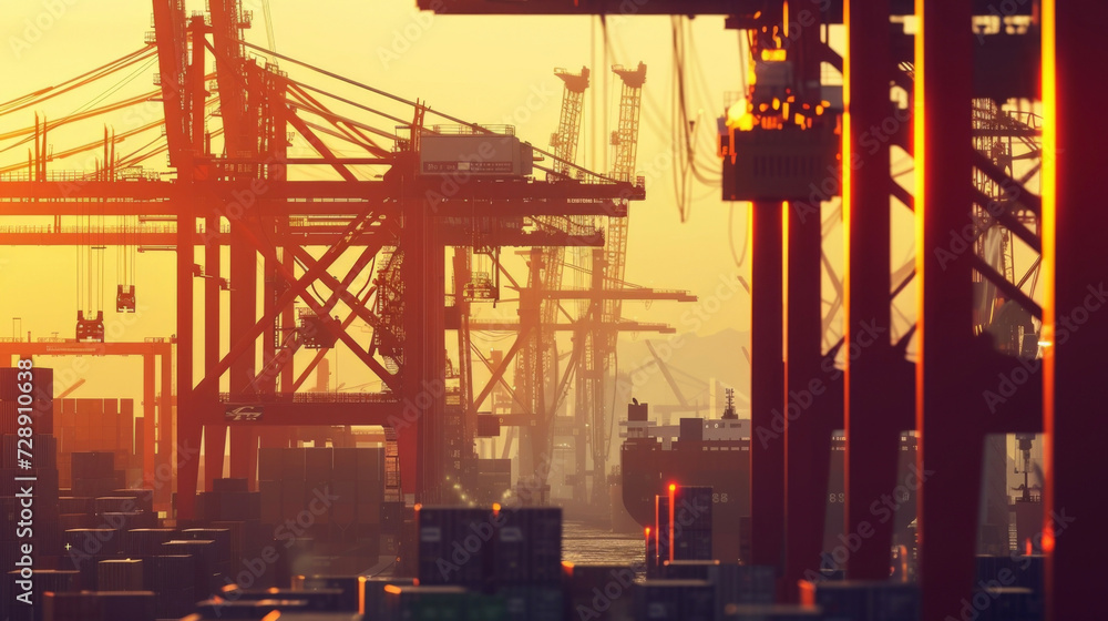 A bustling port scene with towering cranes and robotic arms in action showcasing the powerful automation technology used for cargo handling.
