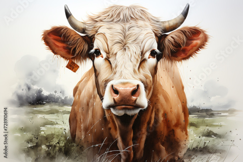 Portrait of a highly detailed and realistic extremely happy and sweet watercolor farm cow on white background