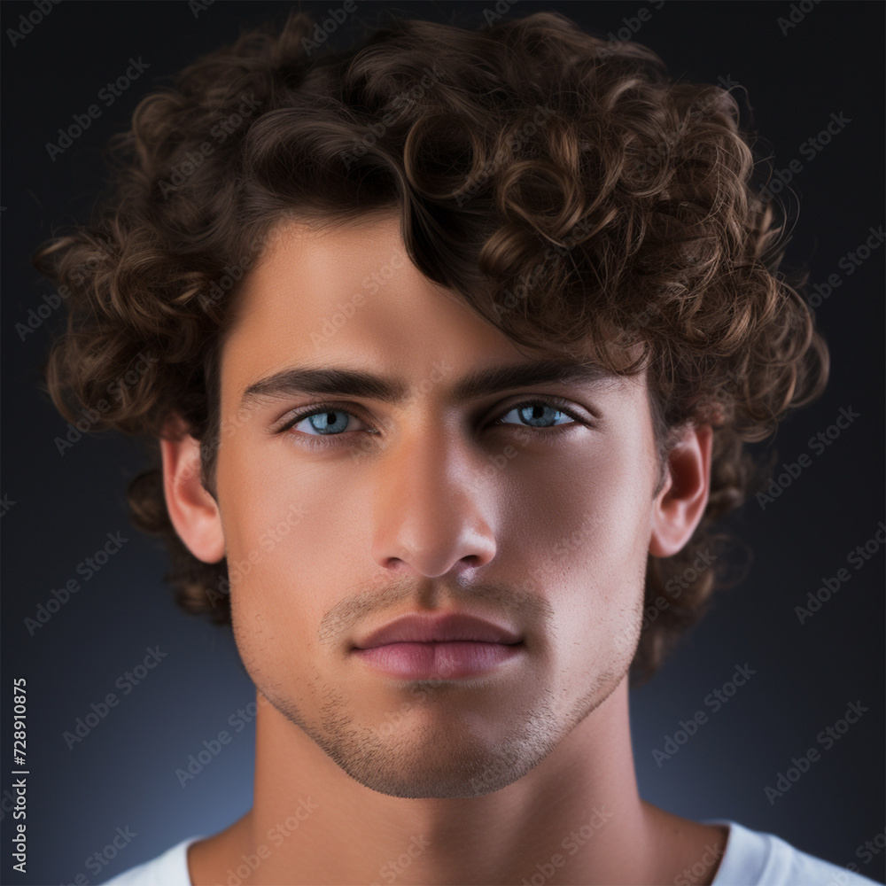 portrait of young man brunette with clean skin on dark background ,Hair or facial skin care products banner template. portrait of young man brunette with clean skin on dark background ,Hair or facial skin care products banner template.