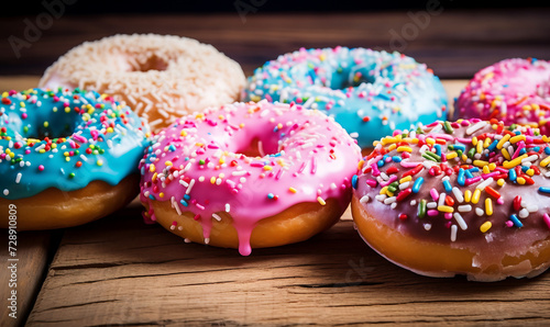 Colorful donuts with sprinkles on wooden background. Toned.