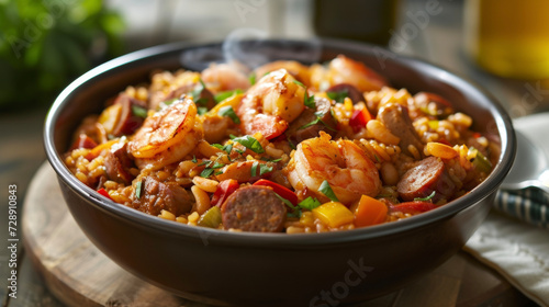 A bowl of steaming jambalaya filled with plump shrimp y Andouille sausage and perfectly smoked chicken. The rich smoky base is rounded out with a bold combination of Cajun