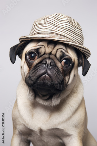 A Pug wearing a hat and glasses, looking at the camera