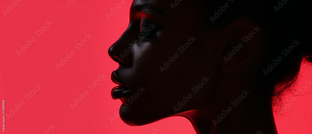 Artistic Profile Silhouette of a Young Woman with Striking Contours Highlighted by Red Backlighting, Evoking Elegance and Mystery