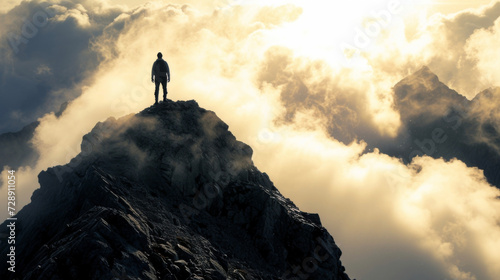 The silhouette of a lone hiker atop a rocky mountain peak framed by a vast expanse of backlit clouds.