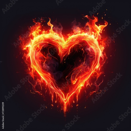 Burning heart on black background. Orange, yellow and red flame. Concept of love and passion. AI Generated 