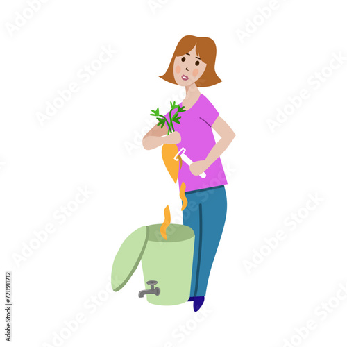 the girl peels the vegetables and puts them in the compost bin.
