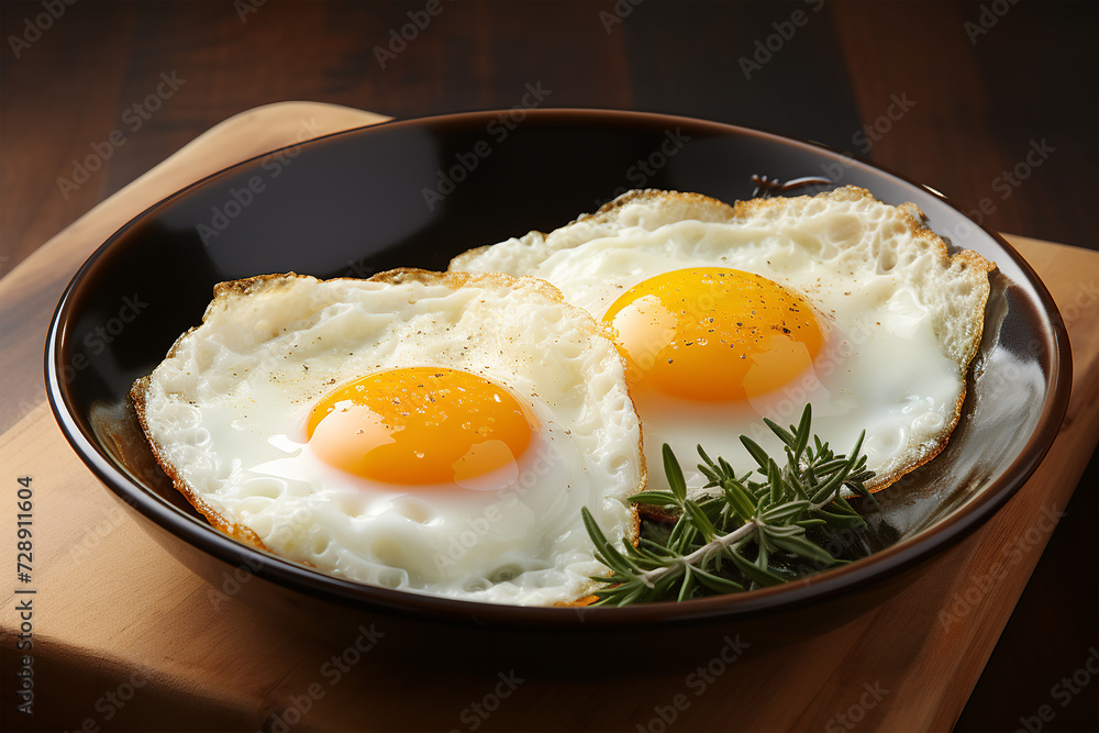 Elegant presentation of fried eggs on a dark ceramic plate Elegant presentation of fried eggs on a dark ceramic plate