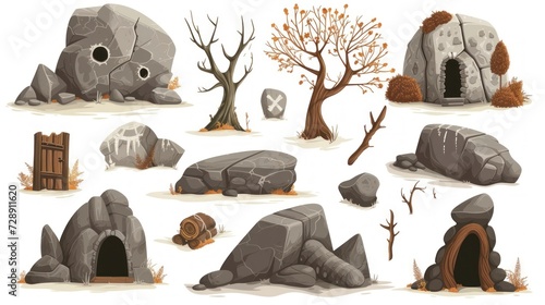 illustration group of caves and stones used with cavemen on white background