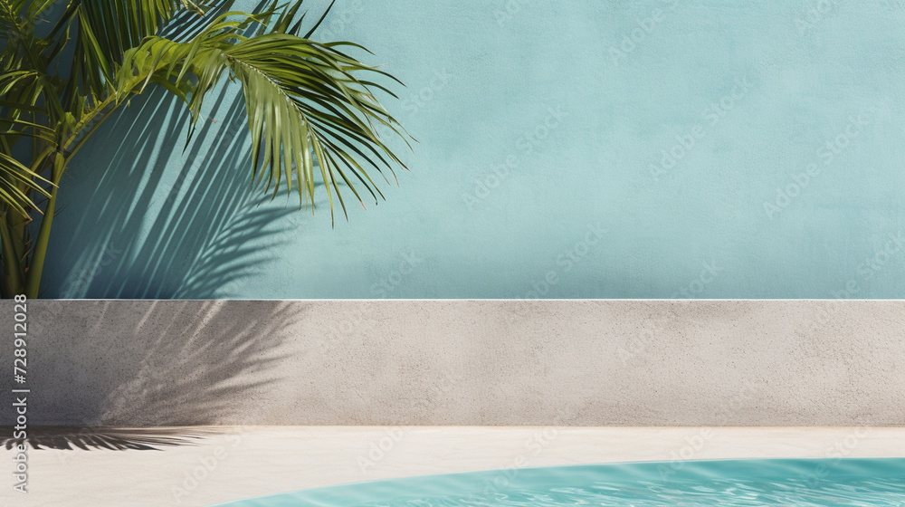 Tropical summer background with concrete wall pool water and palm leaf shadow - obrazy, fototapety, plakaty 