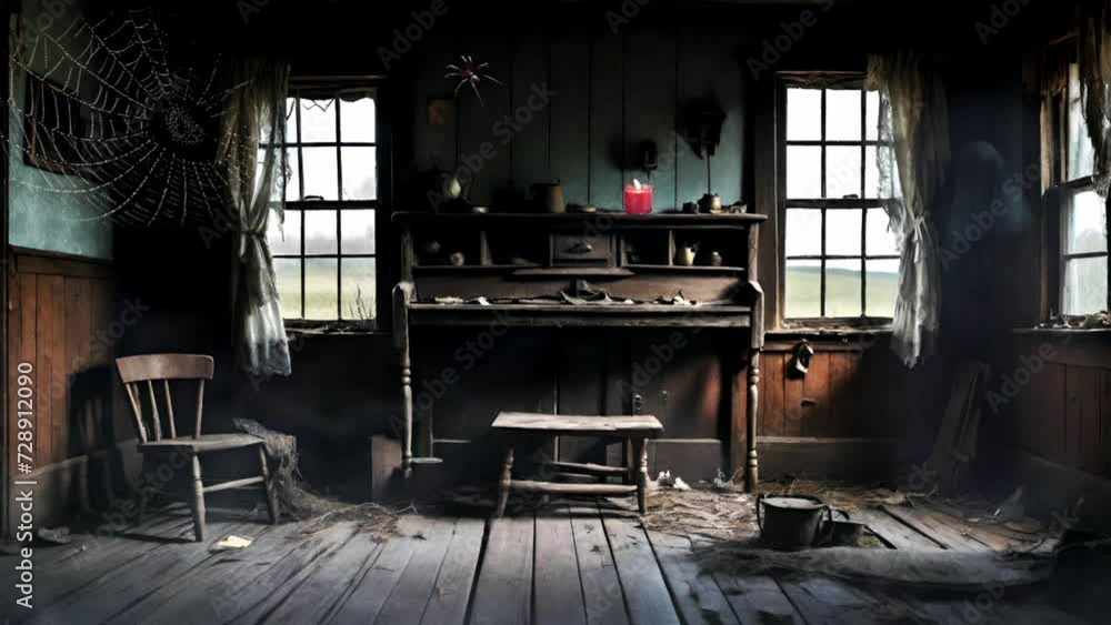 Interior of old house with haunted table and chairs Interior of old house with haunted table and chairs