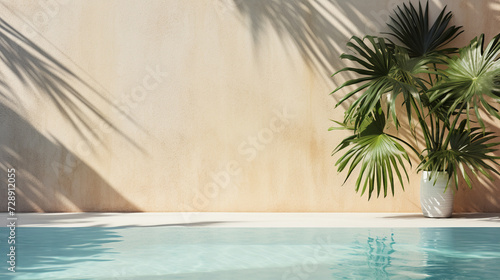 Tropical summer background with concrete wall pool water and palm leaf shadow © Farid