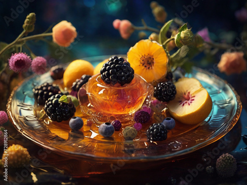 fruits on a glass plate with honey bee 