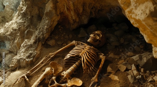Human body bones in a cave, historical discovery, human body, human bones, real archeology in high resolution and high quality. concept buried human bones, discovery