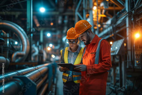 Two engineers, clad in safety gear, are attentively using a tablet to assess and manage operations within the bustling environment of an industrial factory.